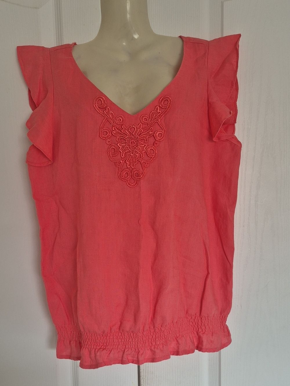 Women’s Coral Linen Embroidered V-Neck Flutter Sleeve Blouse
